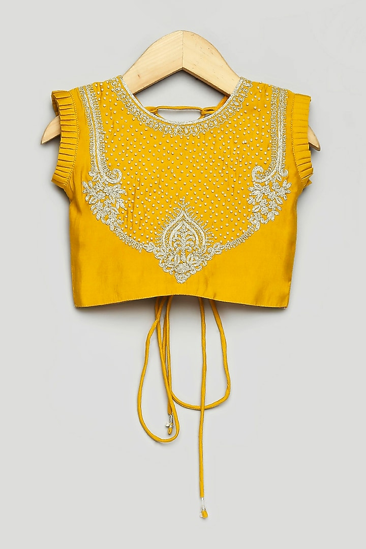 Mustard Jacquard Silk Dori & Moti Work Lehenga Set For Girls by Poochkie at Pernia's Pop Up Shop