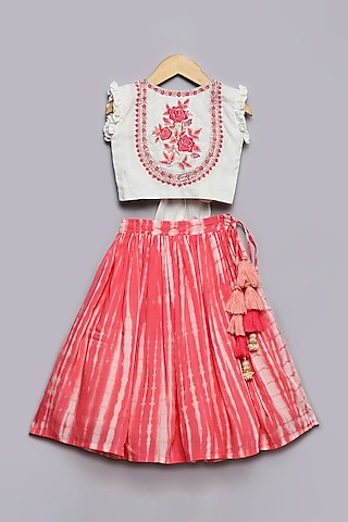 Pink Viscose Muslin & Cotton Lehenga Set For Girls by Poochkie