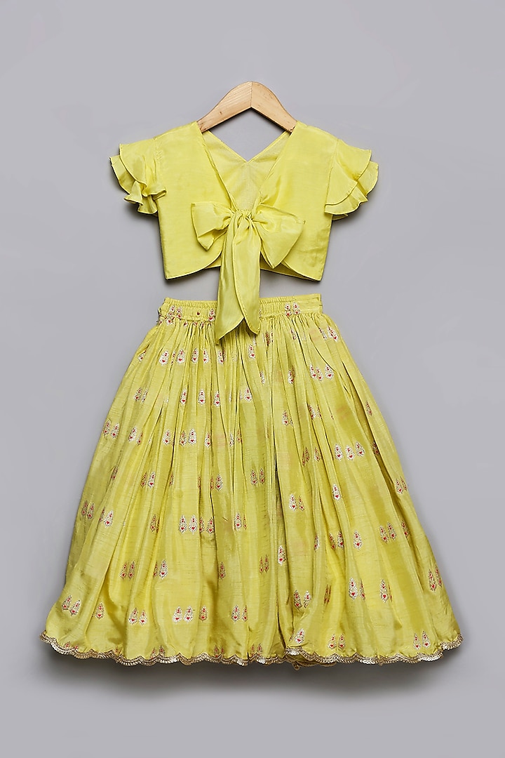 Lime Yellow Viscose Muslin Lehenga Set For Girls by Poochkie at Pernia's Pop Up Shop
