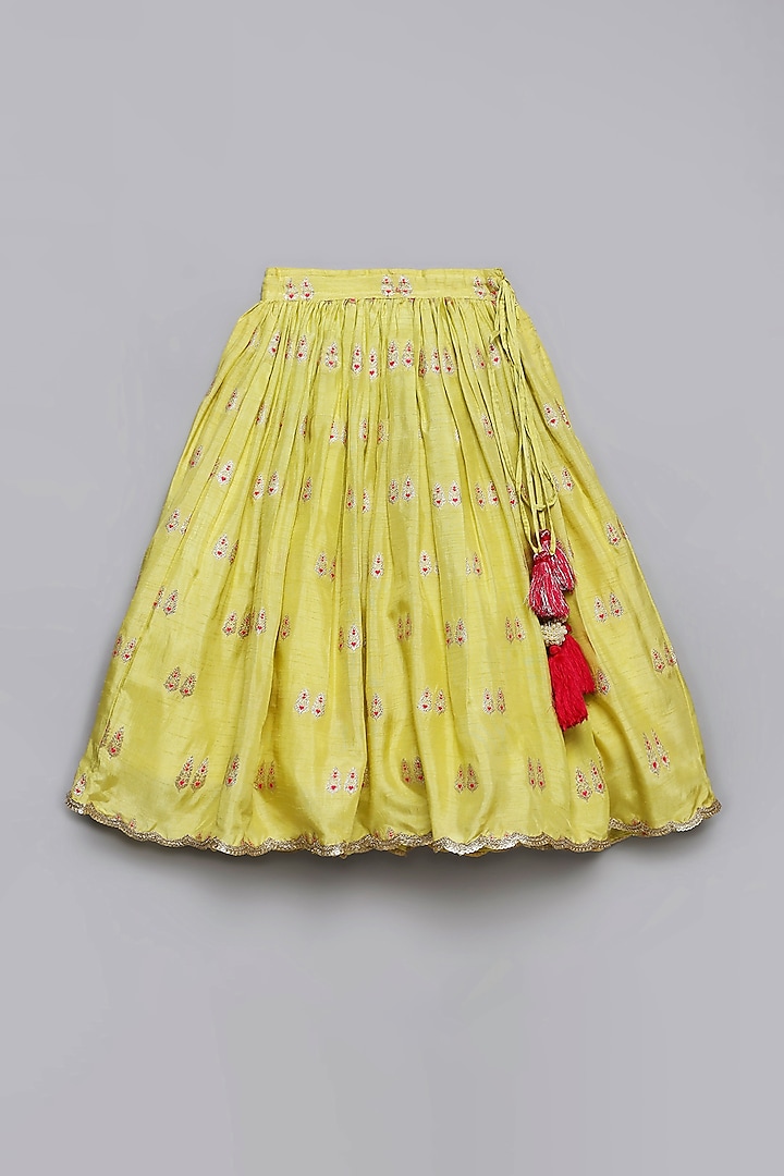 Lime Yellow Viscose Muslin Lehenga Set For Girls by Poochkie at Pernia's Pop Up Shop