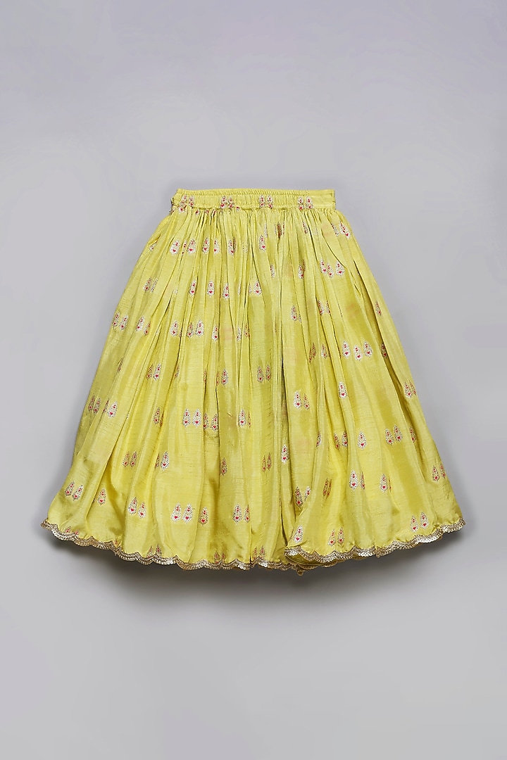 Lime Yellow Viscose Muslin Lehenga Set For Girls by Poochkie at Pernia's Pop Up Shop