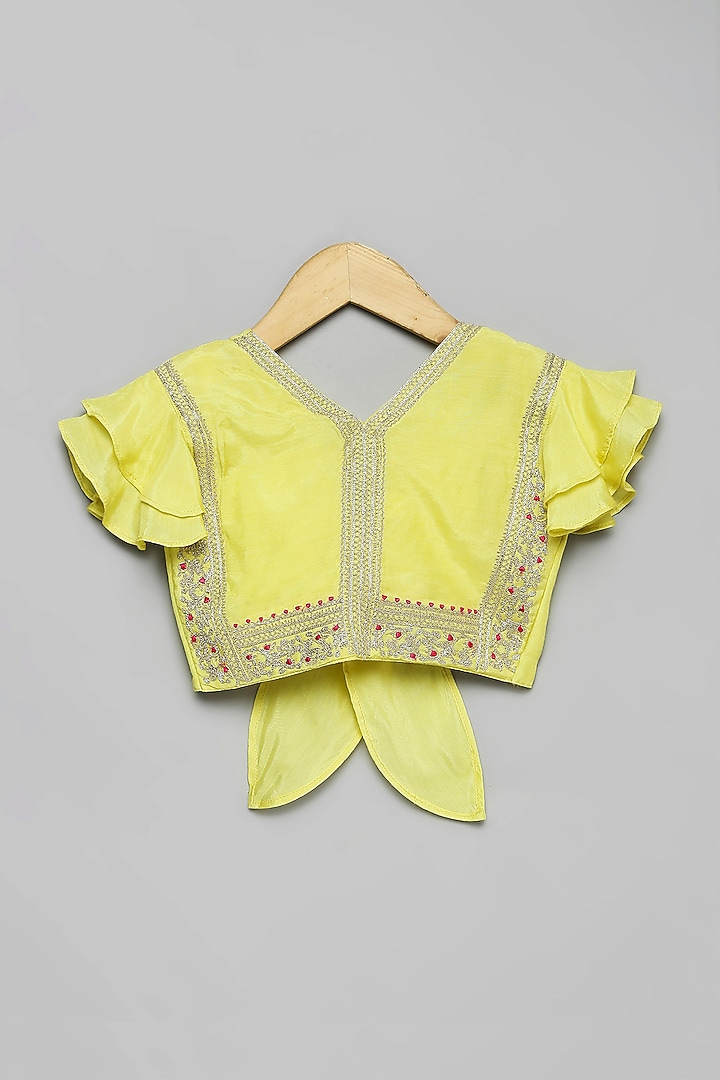 Lime Yellow Viscose Muslin Lehenga Set For Girls by Poochkie at Pernia's Pop Up Shop