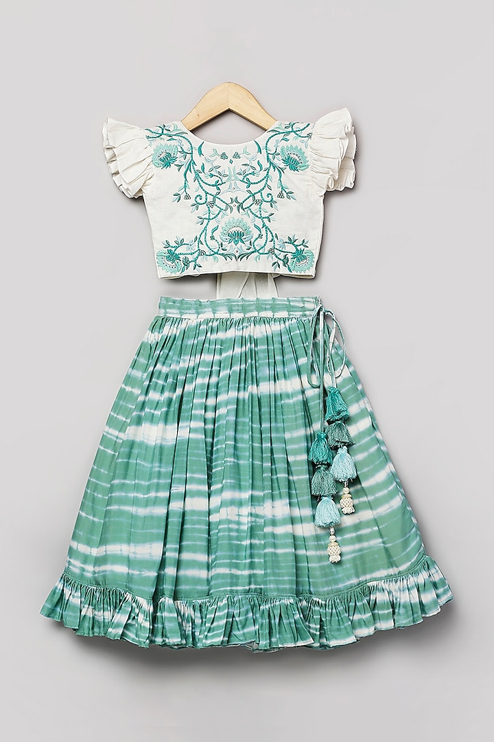 Teal & White Viscose Muslin Lehenga Set For Girls by Poochkie at Pernia's Pop Up Shop