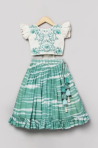 Teal & White Viscose Muslin Lehenga Set For Girls by Poochkie