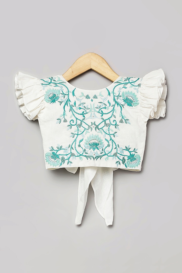 Teal & White Viscose Muslin Lehenga Set For Girls by Poochkie at Pernia's Pop Up Shop