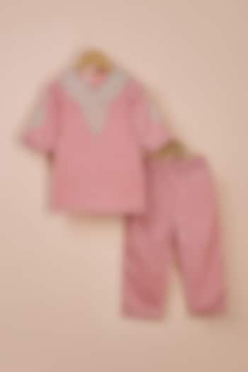 Baby Pink Velvet Dori Embroidered Kurta Set For Girls by Poochkie at Pernia's Pop Up Shop