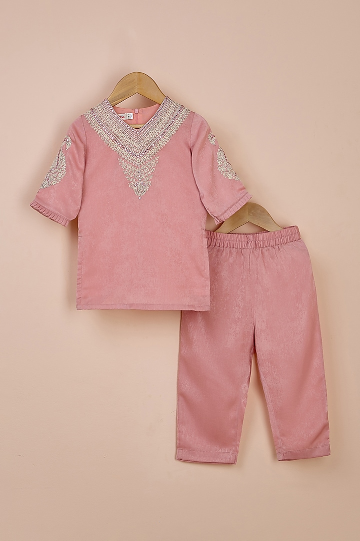 Baby Pink Velvet Dori Embroidered Kurta Set For Girls by Poochkie at Pernia's Pop Up Shop