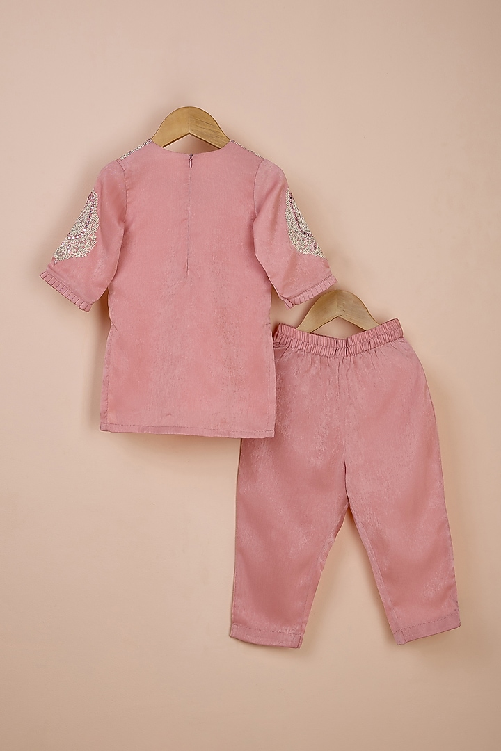 Baby Pink Velvet Dori Embroidered Kurta Set For Girls by Poochkie at Pernia's Pop Up Shop