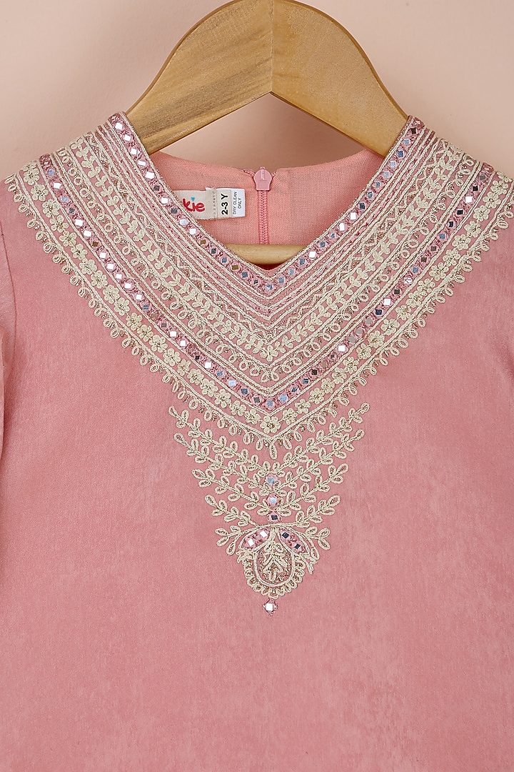Baby Pink Velvet Dori Embroidered Kurta Set For Girls by Poochkie at Pernia's Pop Up Shop