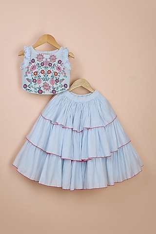 Powder Blue Chanderi Tiered Skirt Set For Girls by Poochkie