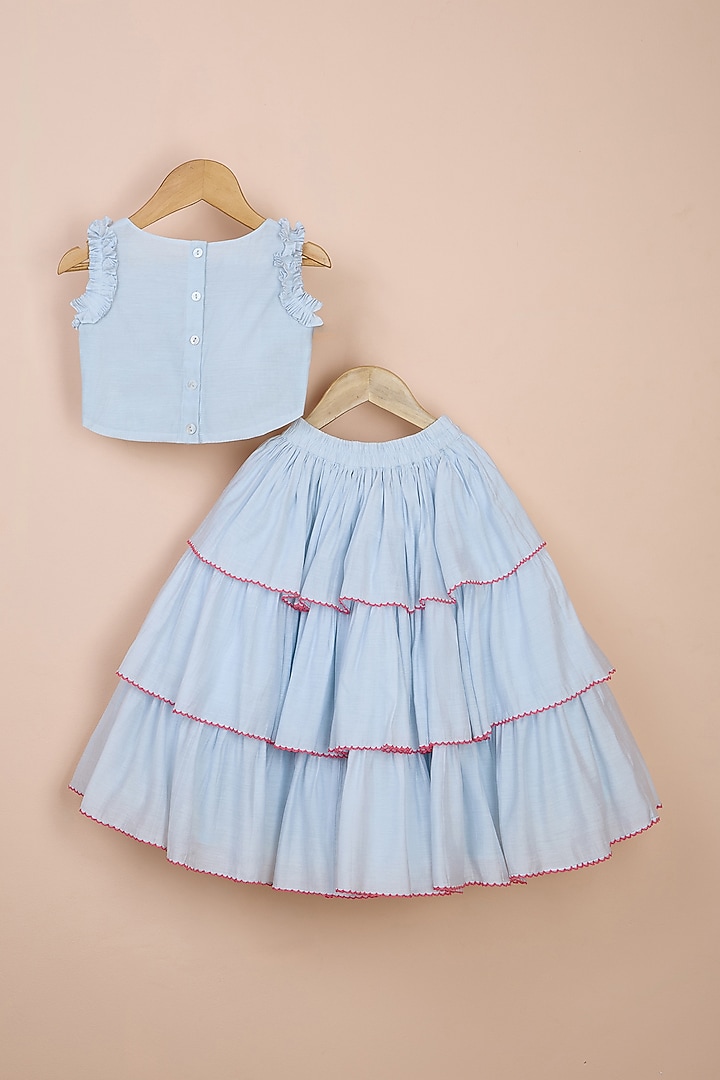 Powder Blue Chanderi Tiered Skirt Set For Girls by Poochkie at Pernia's Pop Up Shop