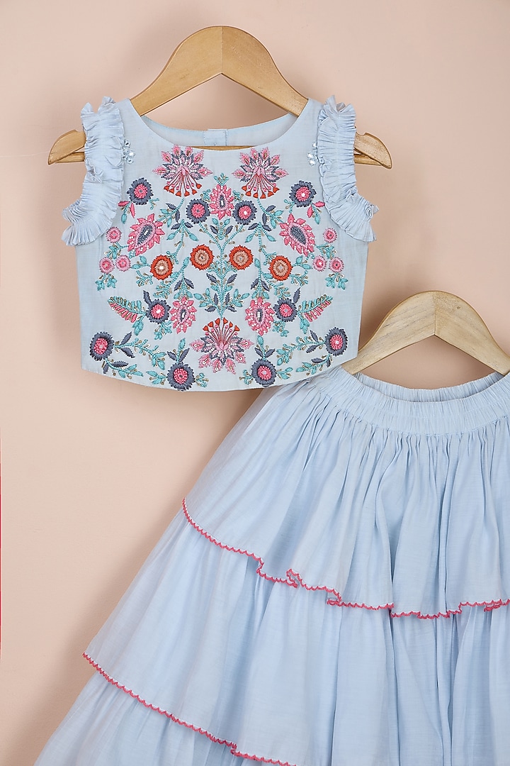 Powder Blue Chanderi Tiered Skirt Set For Girls by Poochkie at Pernia's Pop Up Shop