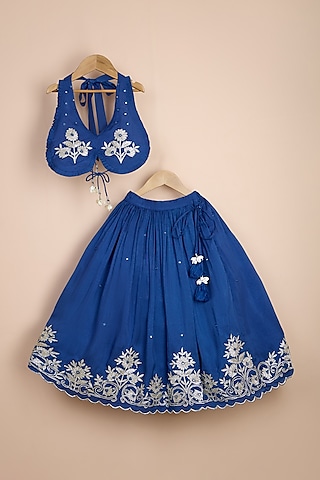 Blue Viscose Silk Gota Lace Embroidered Lehenga Set For Girls by Poochkie