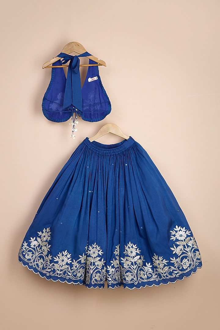 Blue Viscose Silk Gota Lace Embroidered Lehenga Set For Girls by Poochkie at Pernia's Pop Up Shop