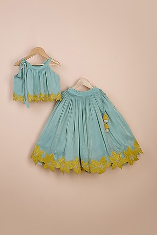 Blue Silk Tissue Patch Work Lehenga Set For Girls by Poochkie