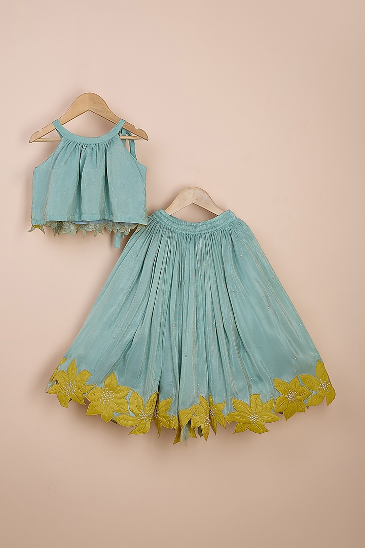 Blue Silk Tissue Patch Work Lehenga Set For Girls by Poochkie at Pernia's Pop Up Shop