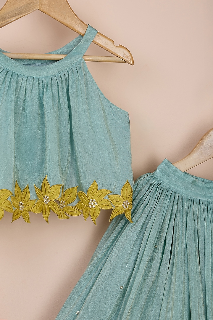Blue Silk Tissue Patch Work Lehenga Set For Girls by Poochkie at Pernia's Pop Up Shop