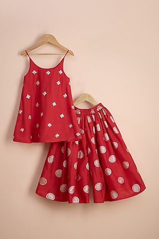 Red Raw Silk Jacquard Hand Embroidered Palazzo Pant Set For Girls by Poochkie
