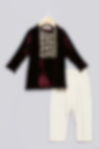 Deep Wine Viscose & Velvet Embroidered Kurta Set For Boys by Poochkie at Pernia's Pop Up Shop