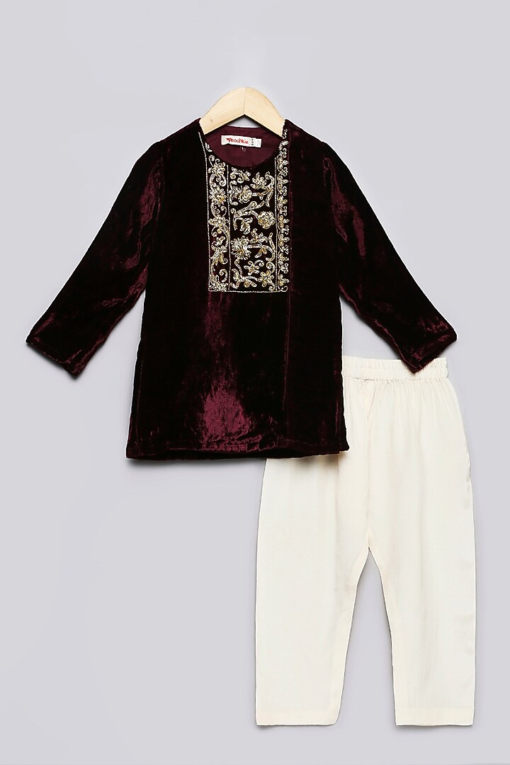 Deep Wine Viscose & Velvet Embroidered Kurta Set For Boys by Poochkie at Pernia's Pop Up Shop