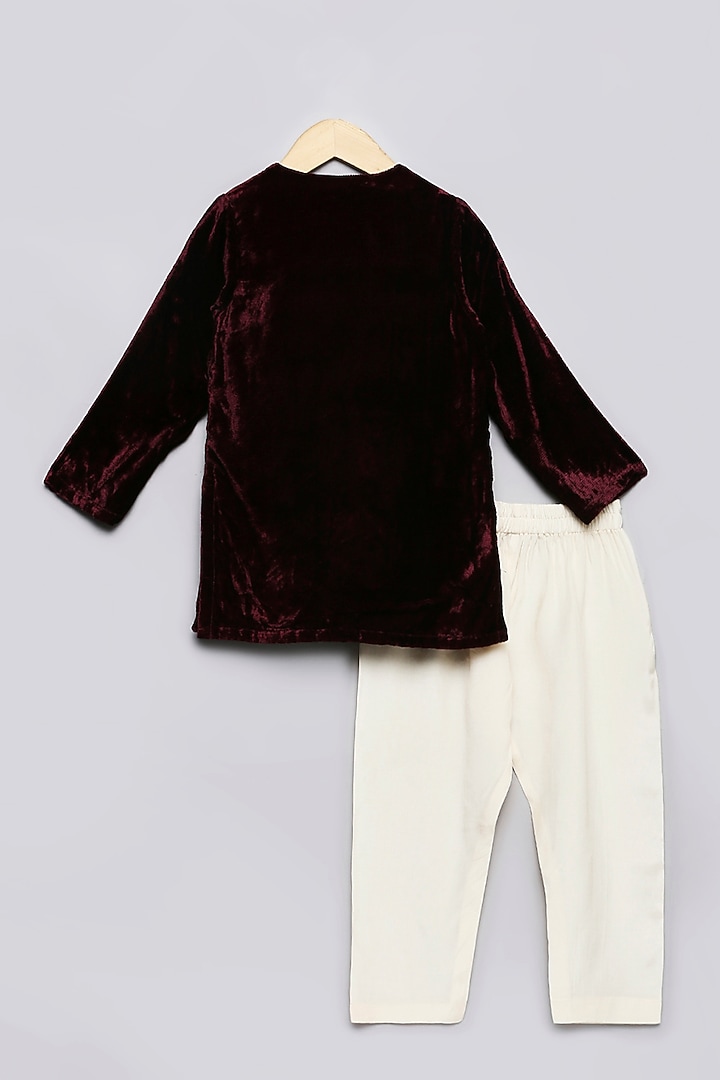 Deep Wine Viscose & Velvet Embroidered Kurta Set For Boys by Poochkie at Pernia's Pop Up Shop