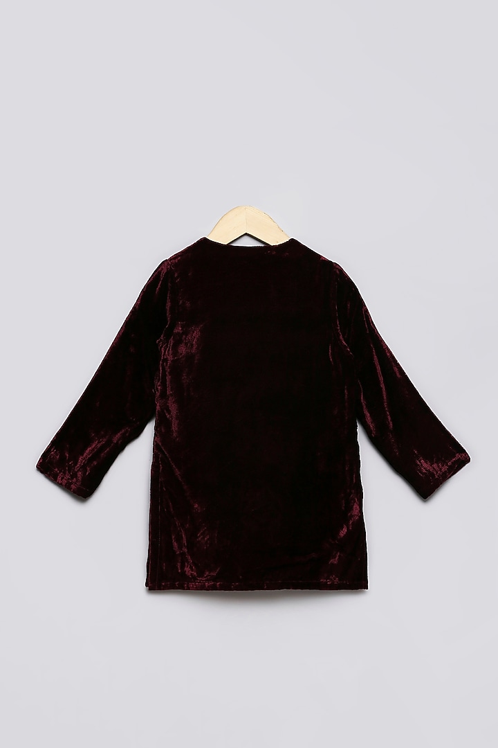 Deep Wine Viscose & Velvet Embroidered Kurta Set For Boys by Poochkie at Pernia's Pop Up Shop