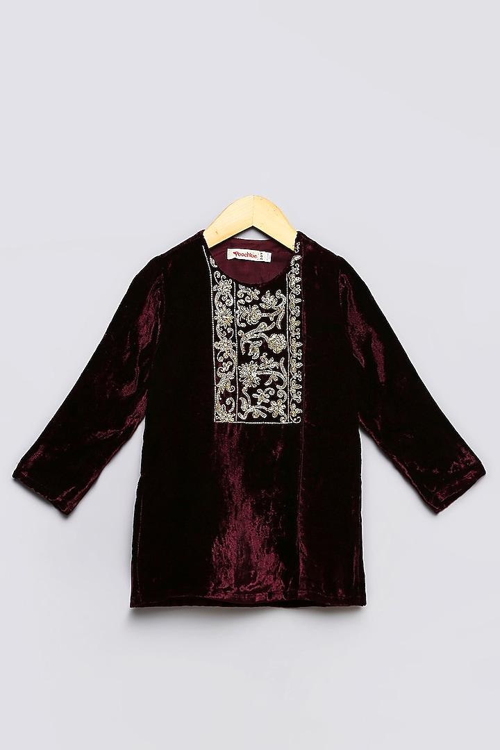 Deep Wine Viscose & Velvet Embroidered Kurta Set For Boys by Poochkie at Pernia's Pop Up Shop