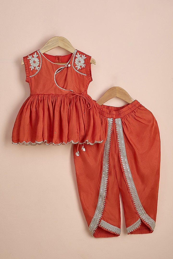 Rust Orange Viscose Silk Dhoti Set For Girls by Poochkie at Pernia's Pop Up Shop