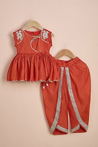 Rust Orange Viscose Silk Dhoti Set For Girls by Poochkie
