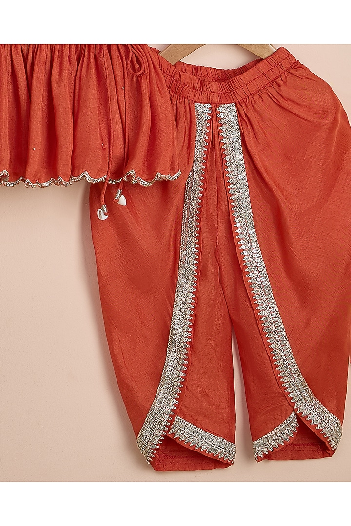 Rust Orange Viscose Silk Dhoti Set For Girls by Poochkie at Pernia's Pop Up Shop