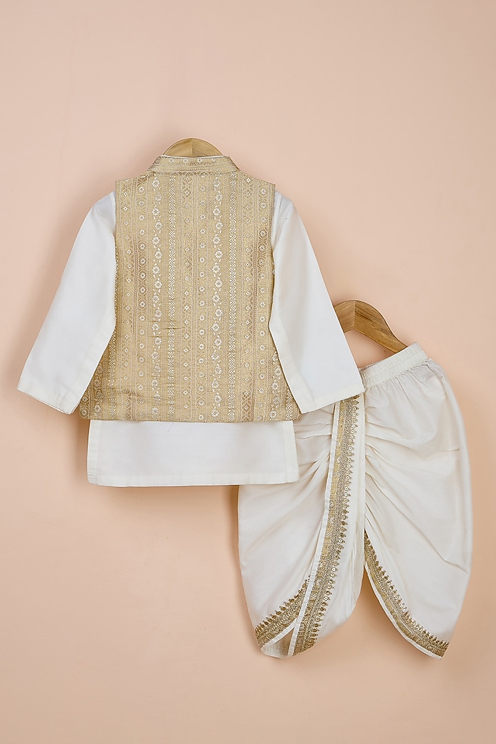 Gold Brocade & Viscose Silk Nehru Jacket Set For Boys by Poochkie at Pernia's Pop Up Shop