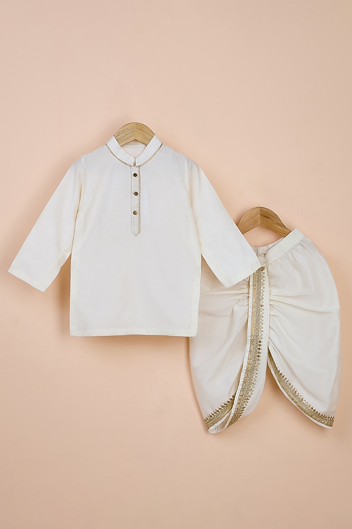 Gold Brocade & Viscose Silk Nehru Jacket Set For Boys by Poochkie at Pernia's Pop Up Shop
