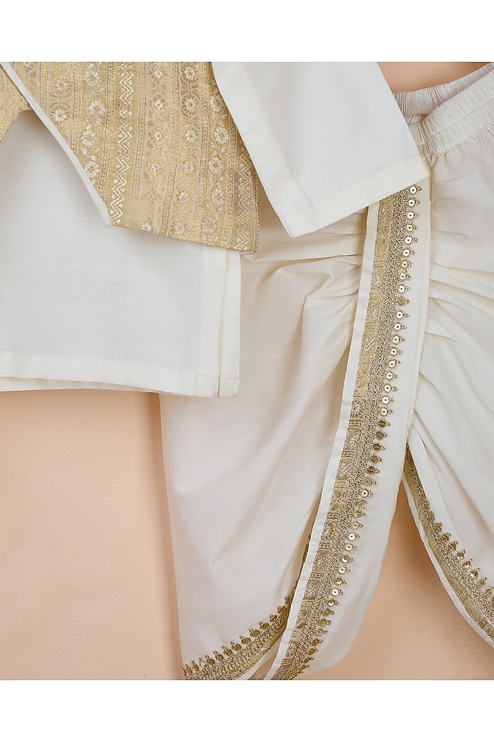 Gold Brocade & Viscose Silk Nehru Jacket Set For Boys by Poochkie at Pernia's Pop Up Shop