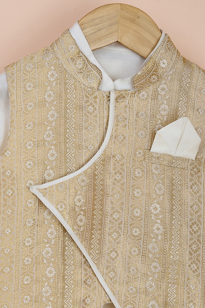 Gold Brocade & Viscose Silk Nehru Jacket Set For Boys by Poochkie at Pernia's Pop Up Shop