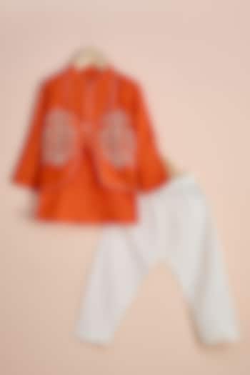 Rust Orange Viscose Silk Embroidered Kurta Set For Boys by Poochkie at Pernia's Pop Up Shop