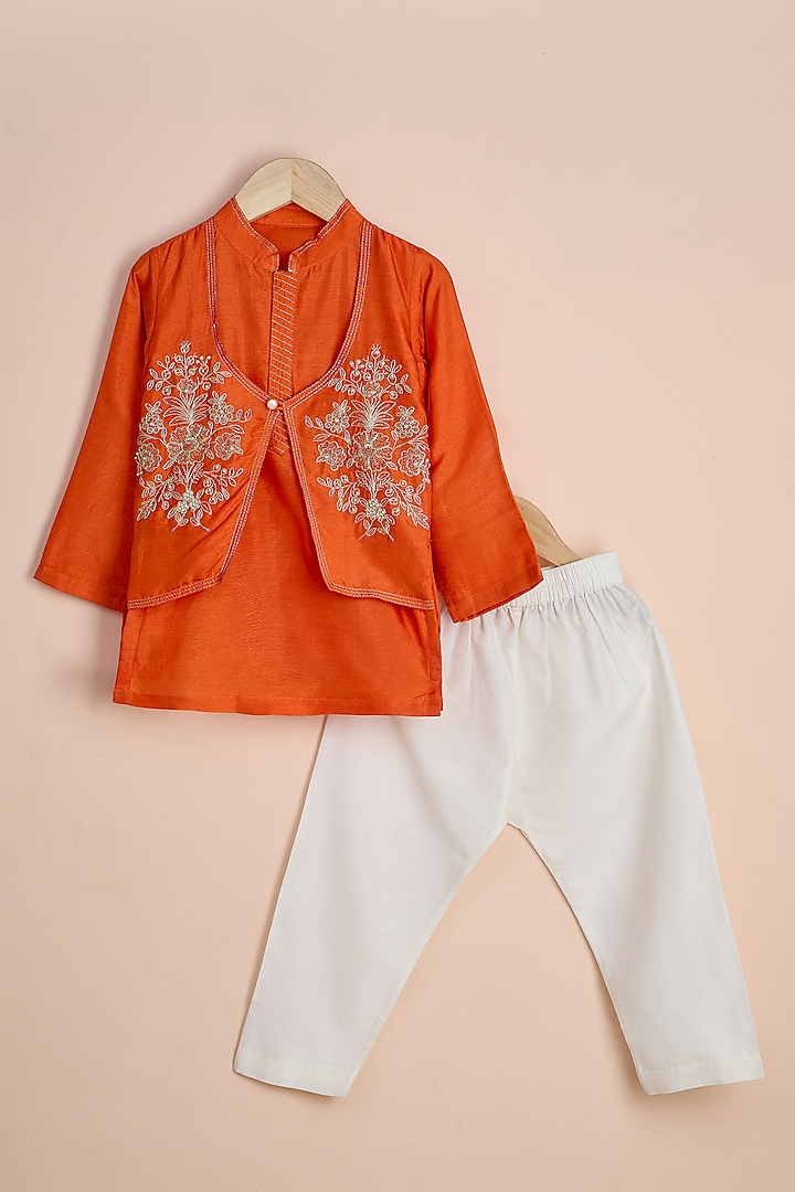 Rust Orange Viscose Silk Embroidered Kurta Set For Boys by Poochkie at Pernia's Pop Up Shop