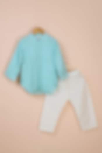 Blue Viscose Muslin Embroidered Kurta Set For Boys by Poochkie at Pernia's Pop Up Shop