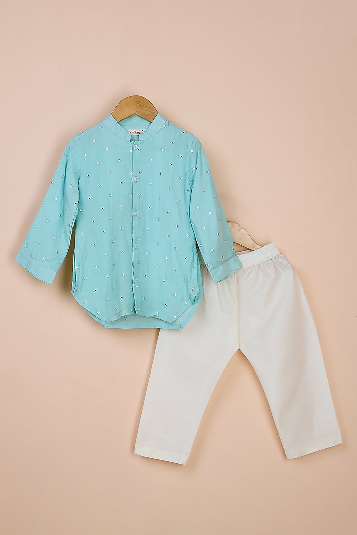 Blue Viscose Muslin Embroidered Kurta Set For Boys by Poochkie at Pernia's Pop Up Shop