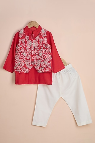 Red Viscose Muslin Embroidered Nehru Jacket Set For Boys by Poochkie