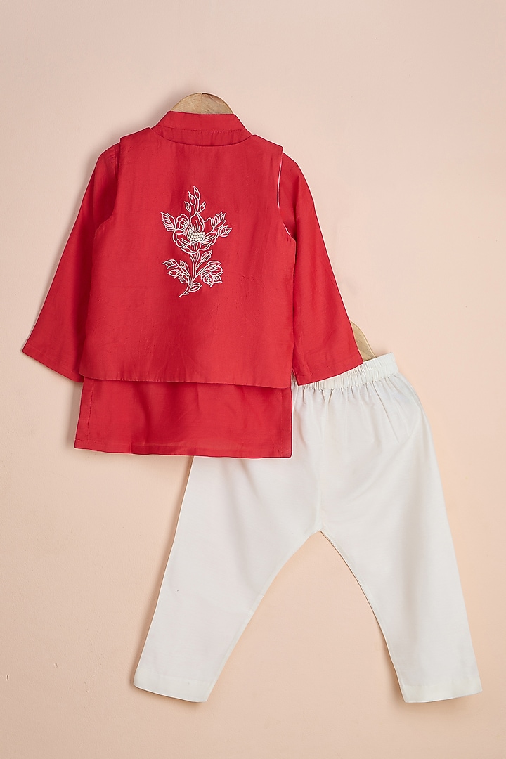Red Viscose Muslin Embroidered Nehru Jacket Set For Boys by Poochkie at Pernia's Pop Up Shop
