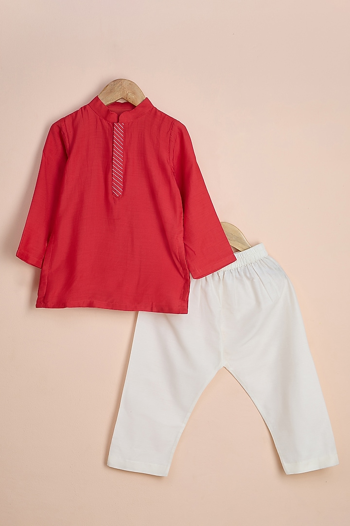 Red Viscose Muslin Embroidered Nehru Jacket Set For Boys by Poochkie at Pernia's Pop Up Shop