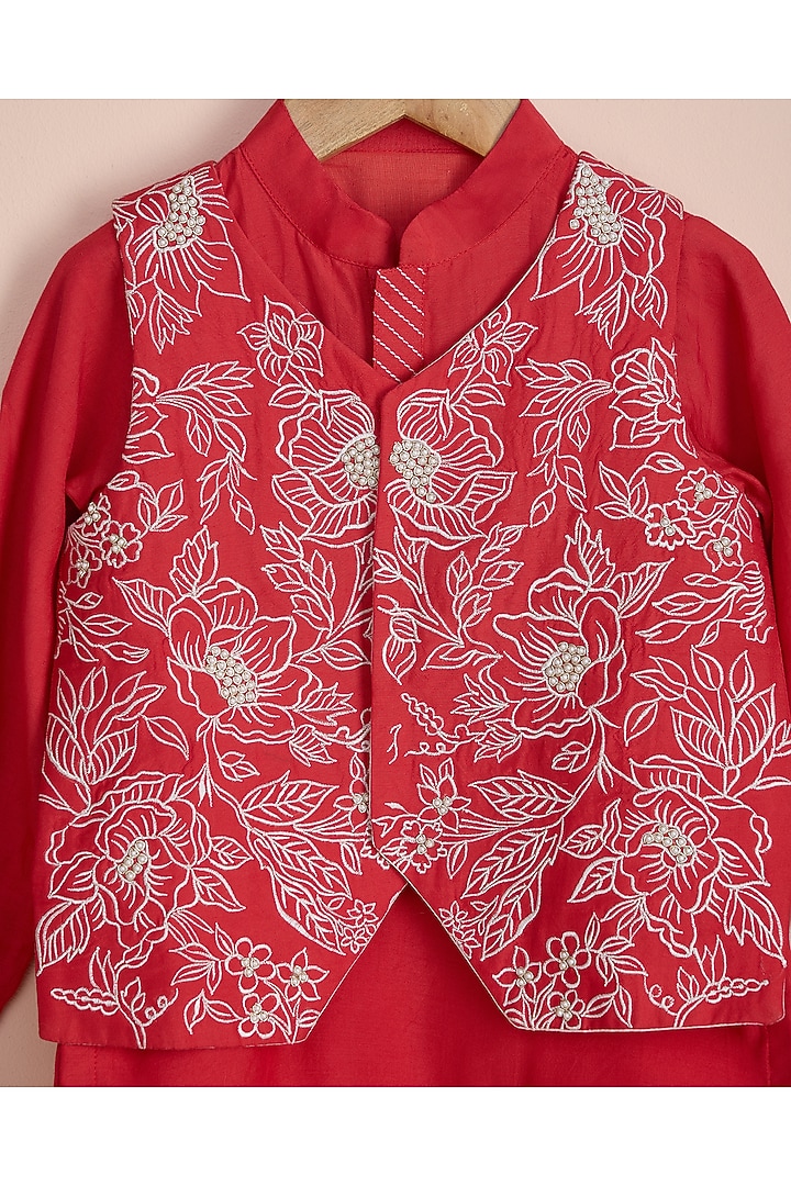 Red Viscose Muslin Embroidered Nehru Jacket Set For Boys by Poochkie at Pernia's Pop Up Shop