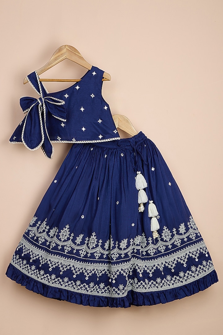 Blue Viscose Silk Embroidered Lehenga Set For Girls by Poochkie at Pernia's Pop Up Shop