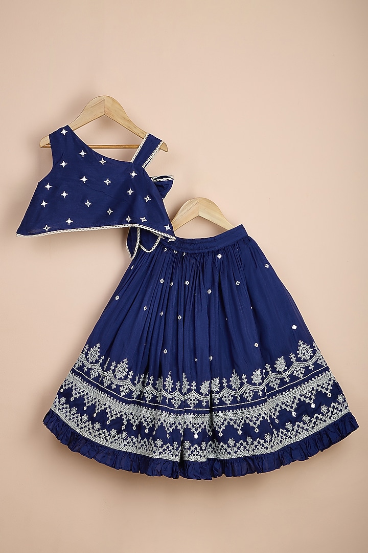 Blue Viscose Silk Embroidered Lehenga Set For Girls by Poochkie at Pernia's Pop Up Shop