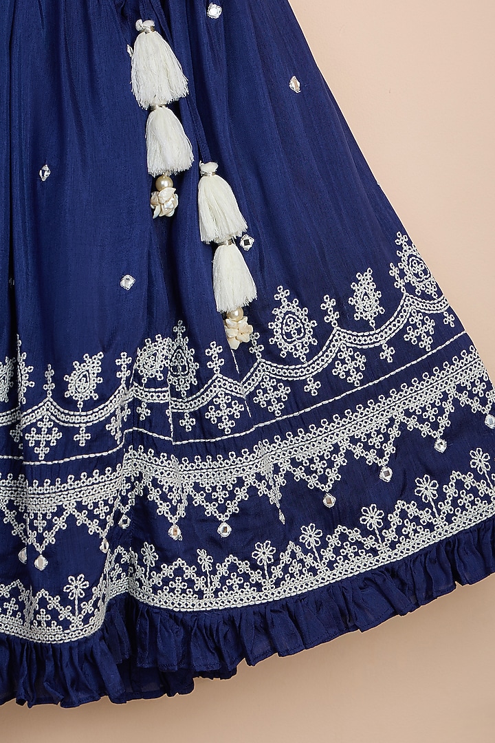 Blue Viscose Silk Embroidered Lehenga Set For Girls by Poochkie at Pernia's Pop Up Shop