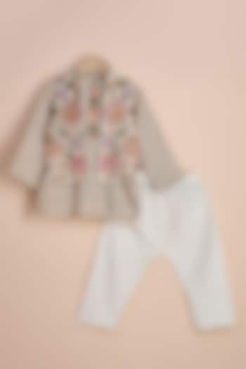 Beige Viscose Silk Embroidered Nehru Jacket Set For Boys by Poochkie at Pernia's Pop Up Shop