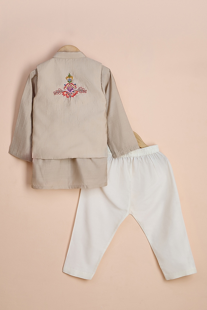 Beige Viscose Silk Embroidered Nehru Jacket Set For Boys by Poochkie at Pernia's Pop Up Shop