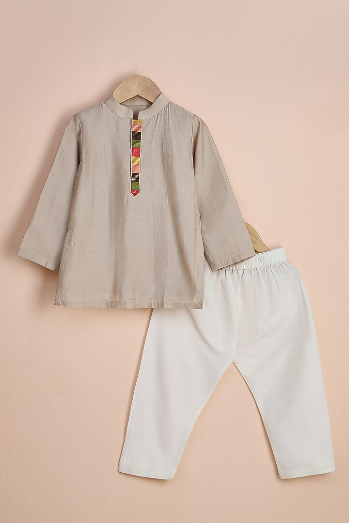 Beige Viscose Silk Embroidered Nehru Jacket Set For Boys by Poochkie at Pernia's Pop Up Shop