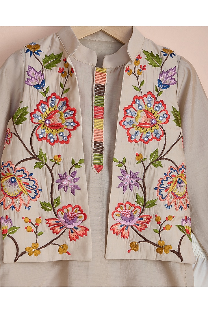 Beige Viscose Silk Embroidered Nehru Jacket Set For Boys by Poochkie at Pernia's Pop Up Shop