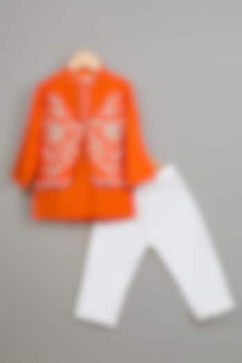 Orange Viscose Muslin Embroidered Kurta Set For Boys by Poochkie at Pernia's Pop Up Shop